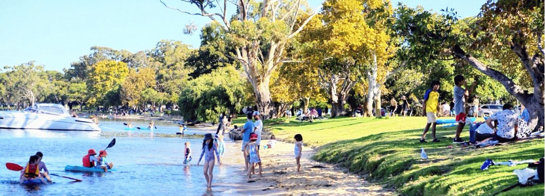 Families at Matilda Bay on a sunny afternoon: children paddling kayaks and playing in the shallows, people picnicking on the grass under big shady trees.