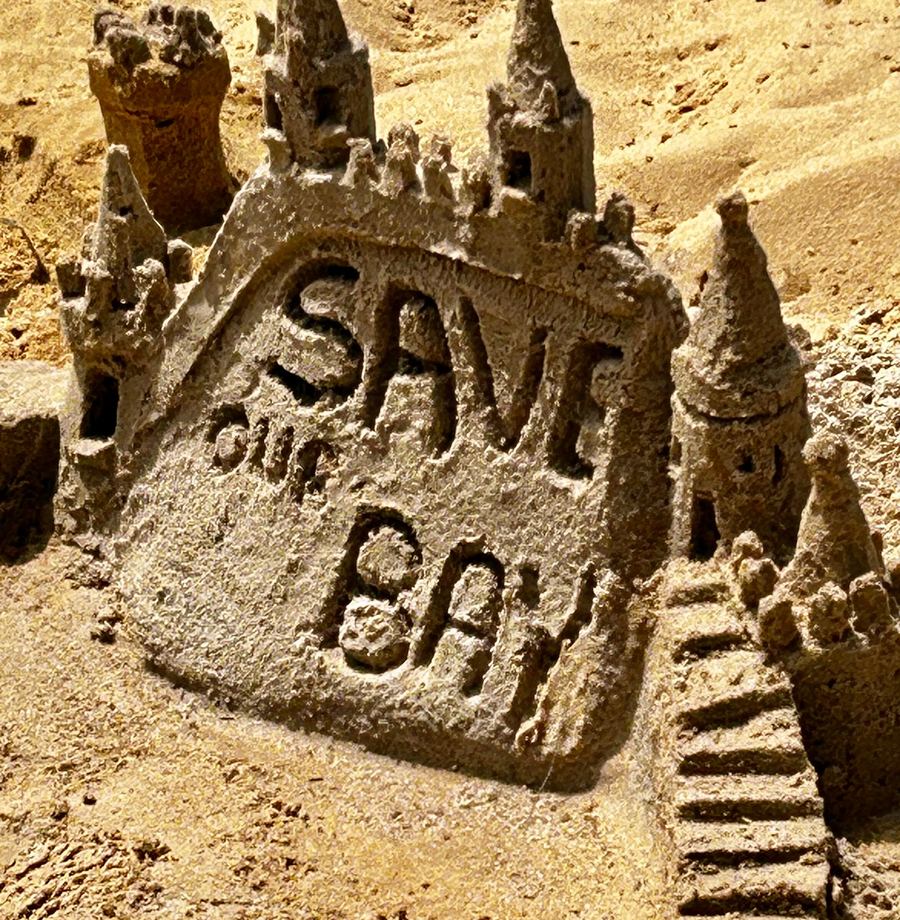 A sandcastle with turrets and a staircase, with 'Save our Bay' carved into its wall.